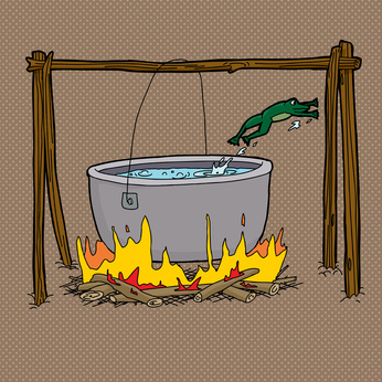 Scared frog jumping out of boiling water in bonfire