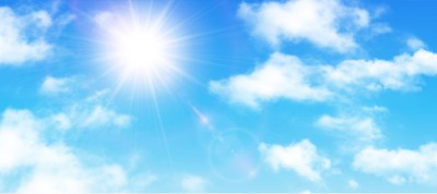 Sunny background, blue sky with white clouds and sun, vector illustration.